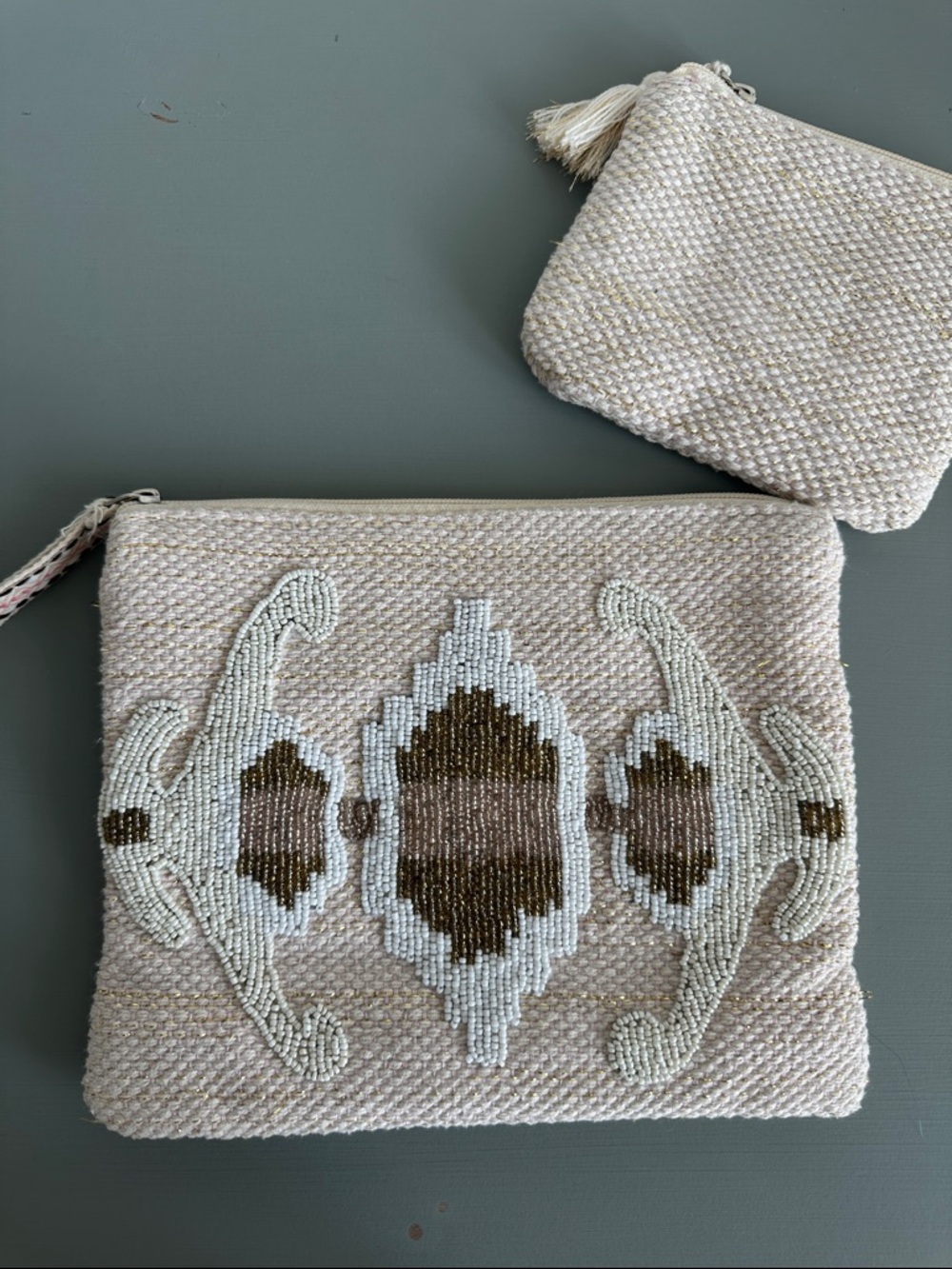 Beaded Neutral Pattern Wristlet Clutch - Beige